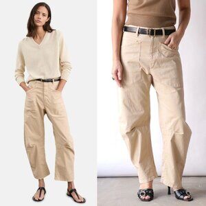 Nili Lotan Shon Pant Size 12‎ Sandstone Tan Beige Khaki Barrel Cotton Twill